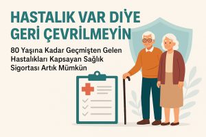 Bastonuyla duran yaşlı bir adamın yanında, geçmişten gelen hastalıkları 80 yaşına kadar kapsayan tamamlayıcı sağlık sigortası poliçesini simgeleyen pano.